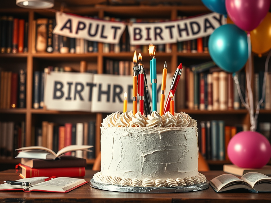 A birthday cake decorated with candles shaped like pens, surrounded by books and colorful balloons, celebrating the birthdays of writers.