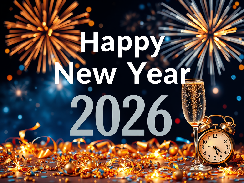A festive New Year's image featuring champagne in a flute, a clock at midnight, and colorful fireworks in the background, with the text 'Happy New Year 2026' prominently displayed.