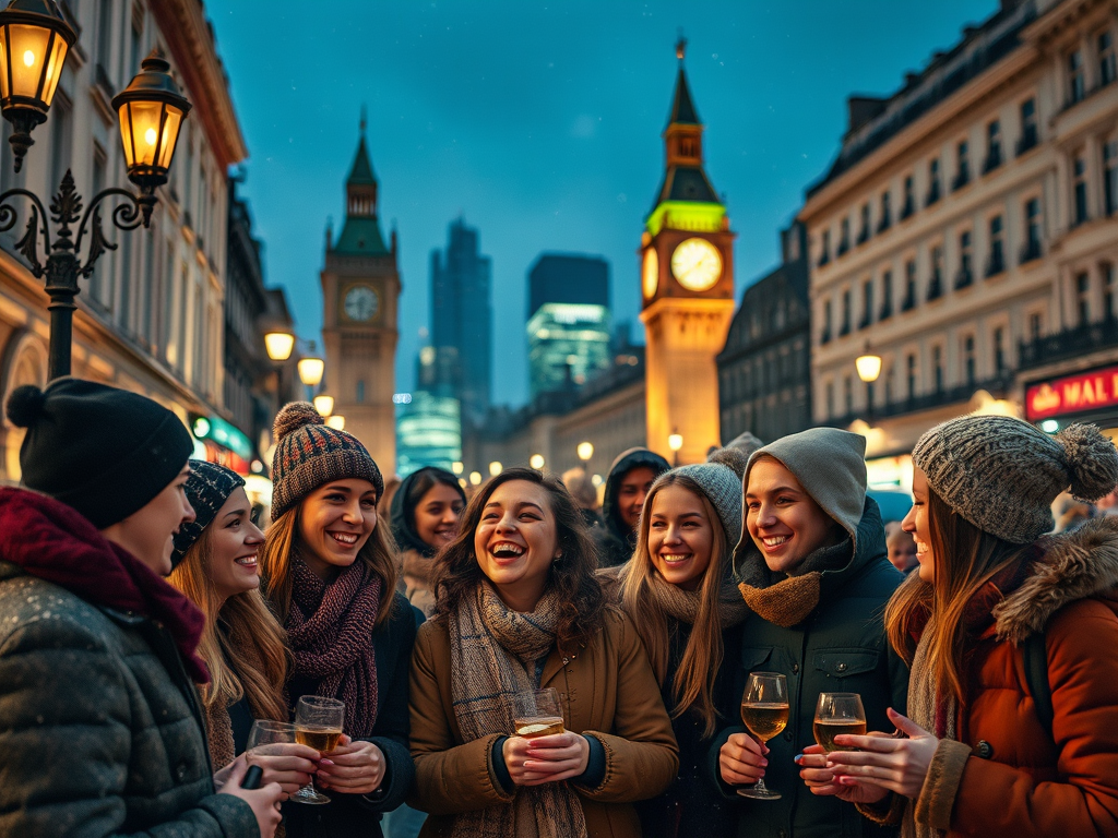 A group of young people happily chatting and holding drinks in an outdoor setting with festive street lamps and a clock tower in the background, during twilight.
