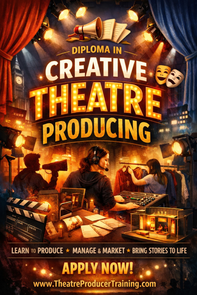 Promotional poster for a Diploma in Creative Theatre Producing, featuring theatrical elements like spotlights, film clappers, and production staff. Text highlights learning to produce, manage, and market theatre, with a call to action to apply now.