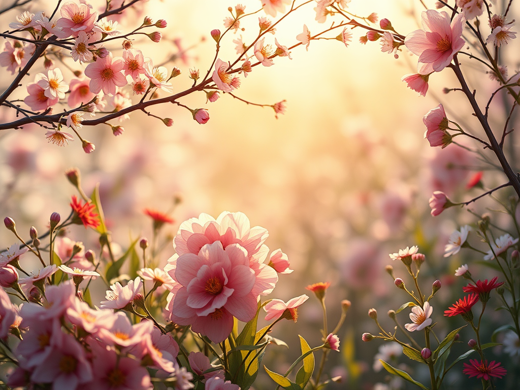 A vibrant display of pink cherry blossoms and various flowers illuminated by warm sunlight, creating a soft and dreamy atmosphere.