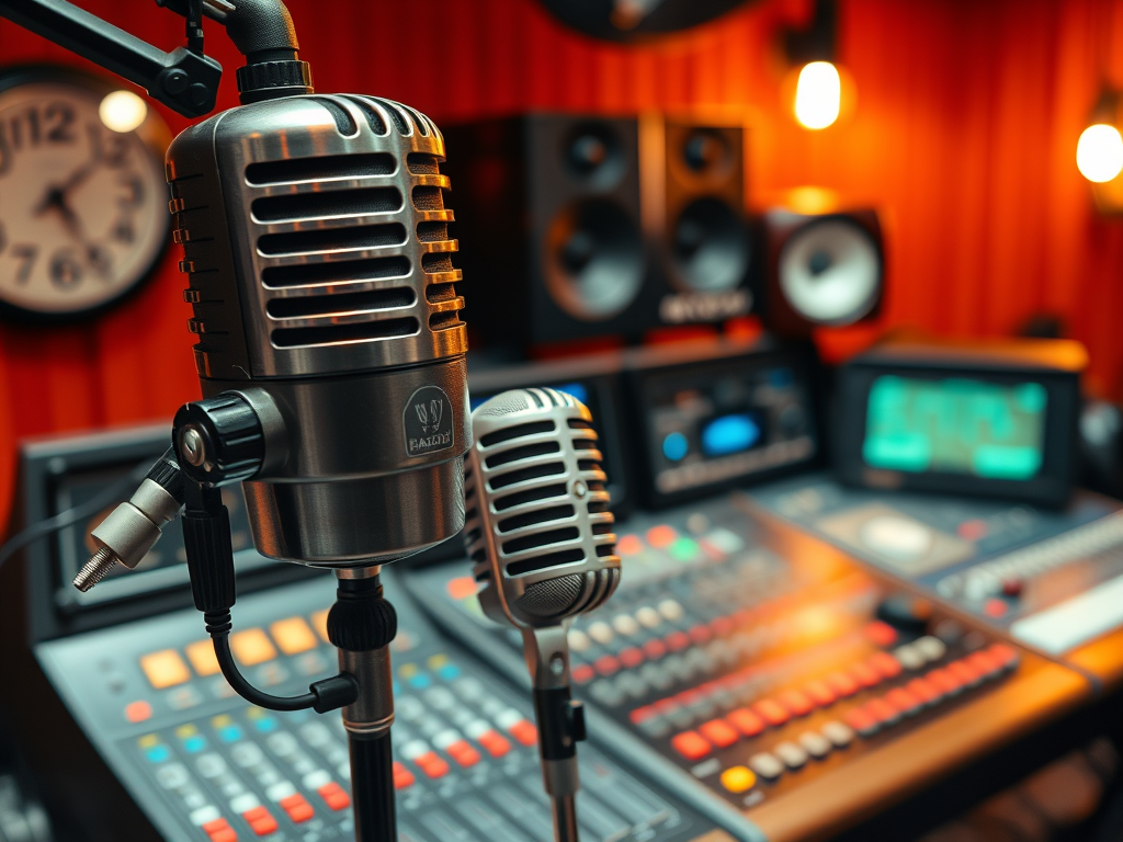 Two vintage microphones in a recording studio, with audio equipment, sound consoles, and wall clocks in the background.