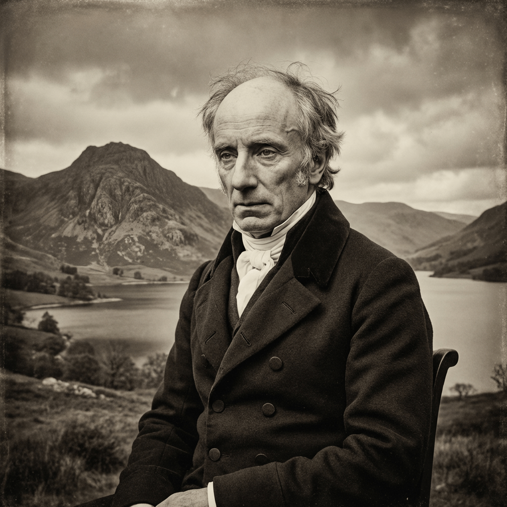 Sepia-toned portrait of an older man in historical clothing against a mountain landscape.