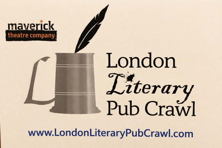 Logo for the Maverick Theatre Company featuring a metal tankard and a quill with the text 'London Literary Pub Crawl' and the website URL.