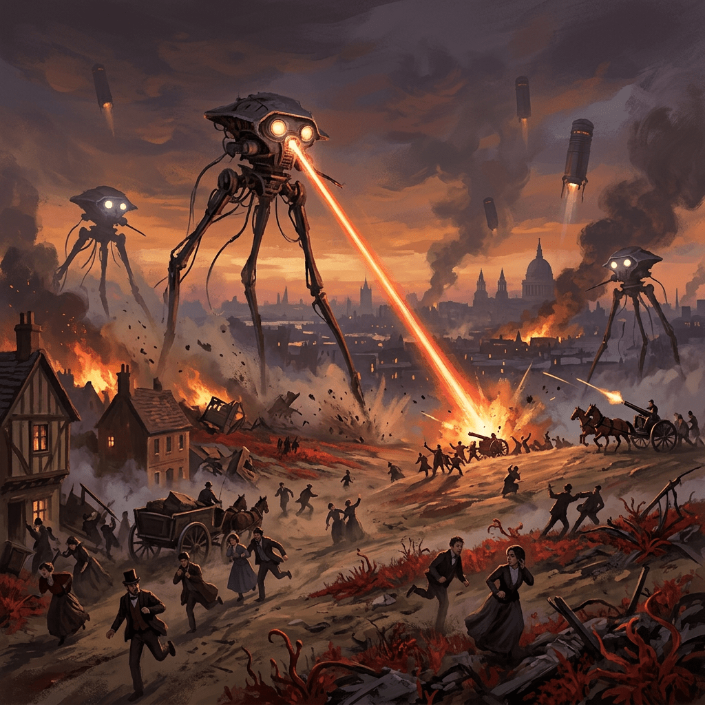 Giant robotic tripods attack a Victorian city using laser beams while people flee in panic
