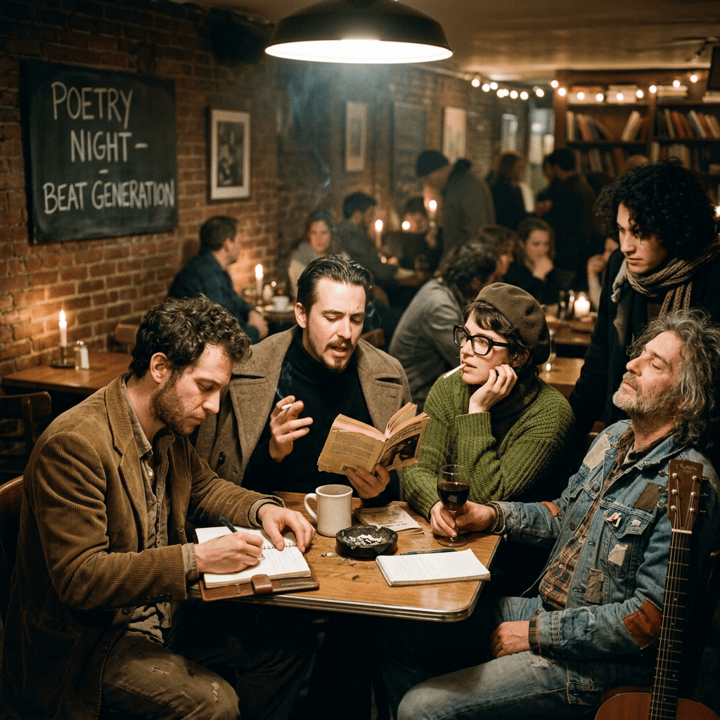 Group of people at a table during a Beat Generation poetry night in a cozy café