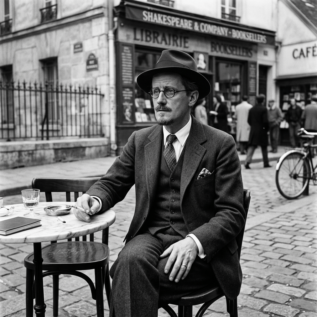 Man in vintage suit, hat, and glasses sitting at outdoor Paris cafe table