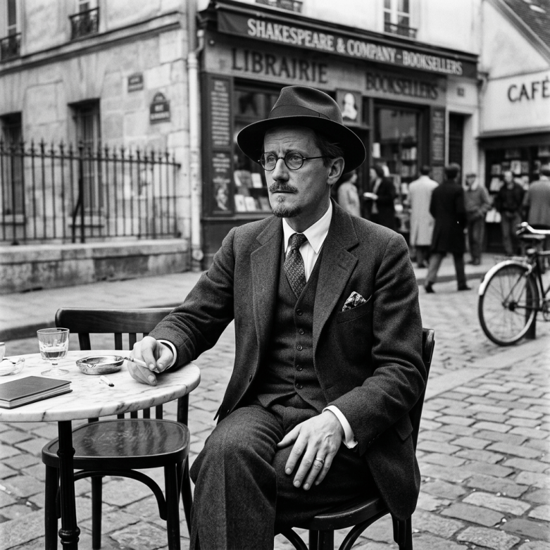 Man in vintage suit, hat, and glasses sitting at outdoor Paris cafe table